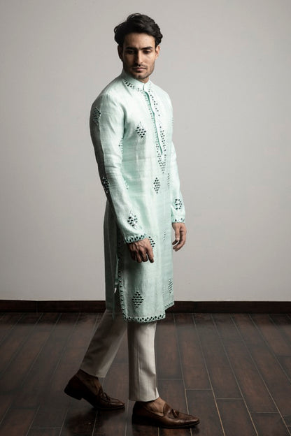 SEA GREEN MIRROR WORK KURTA SET