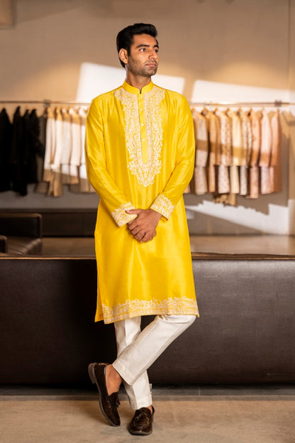 YELLOW SILK EMBROIDERY KURTA SET