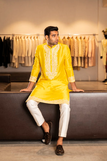 YELLOW SILK EMBROIDERY KURTA SET