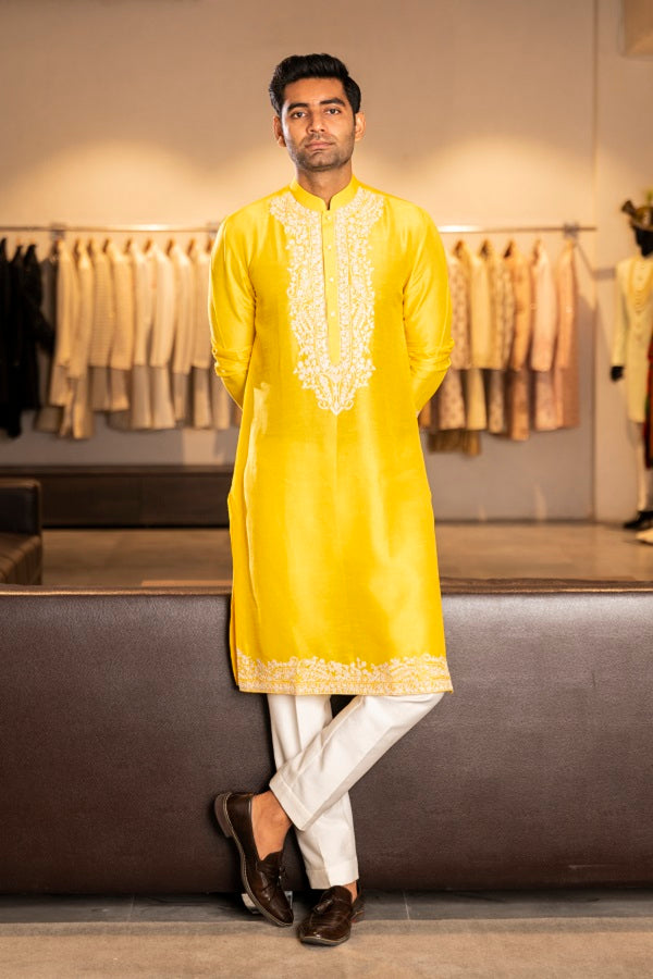 YELLOW SILK EMBROIDERY KURTA SET