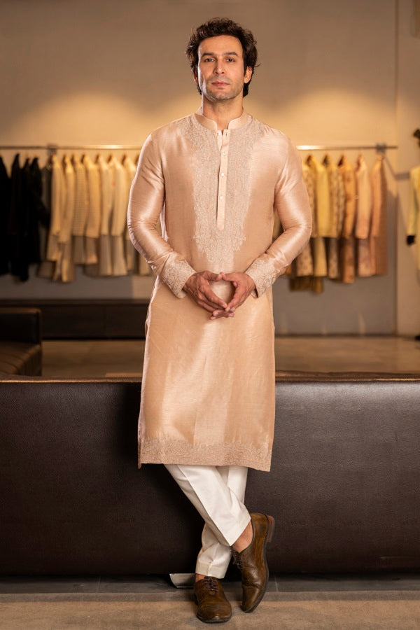 BEIGE SILK EMBROIDERY KURTA SET