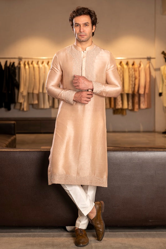 BEIGE SILK EMBROIDERY KURTA SET