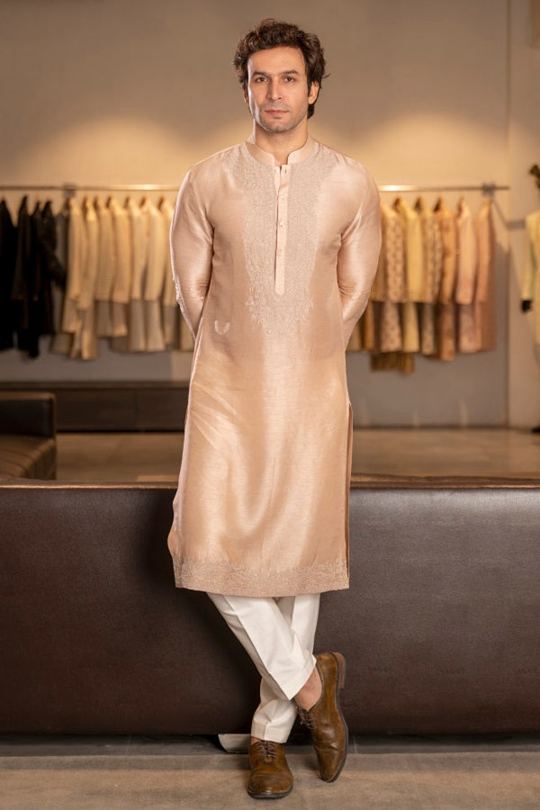 BEIGE SILK EMBROIDERY KURTA SET