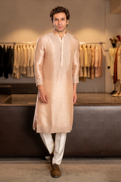 BEIGE SILK EMBROIDERY KURTA SET