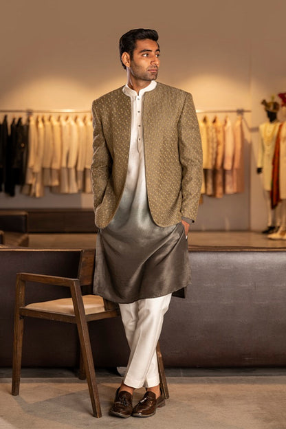 OLIVE THREAD WITH GLASS CUT EMBROIDERY OPEN INDOWESTERN