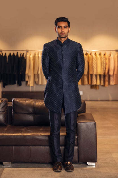 DARK BLUE THREAD WITH GLASS CUT EMBROIDERY INDOWESTERN SET
