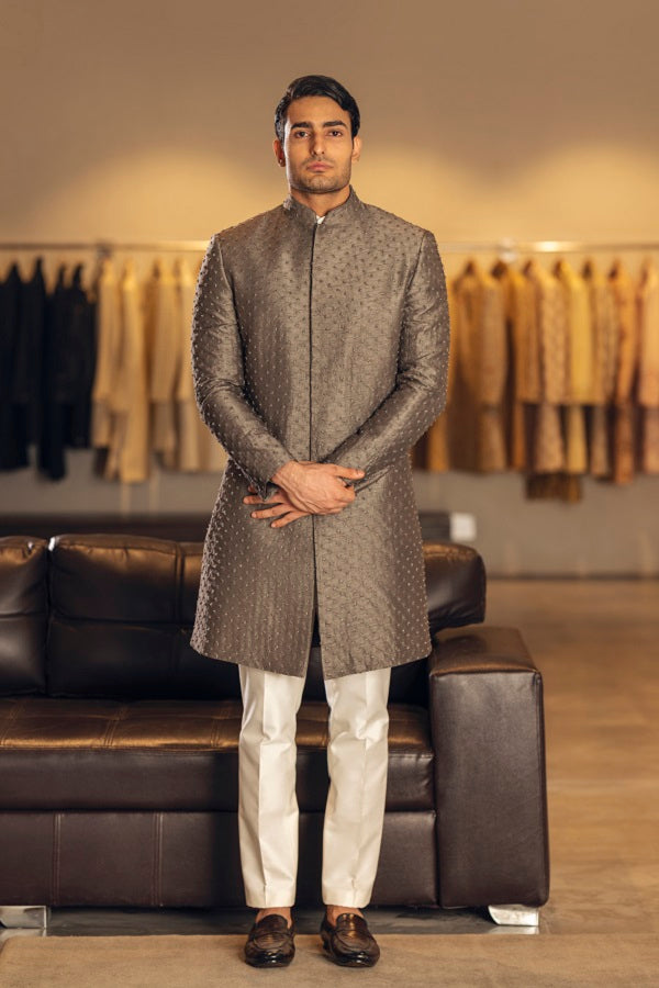 DARK GREY THREAD EMBROIDERY SILK INDOWESTERN SET
