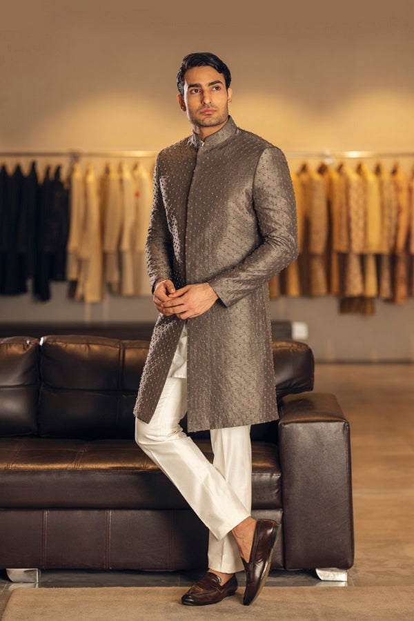 DARK GREY THREAD EMBROIDERY SILK INDOWESTERN SET