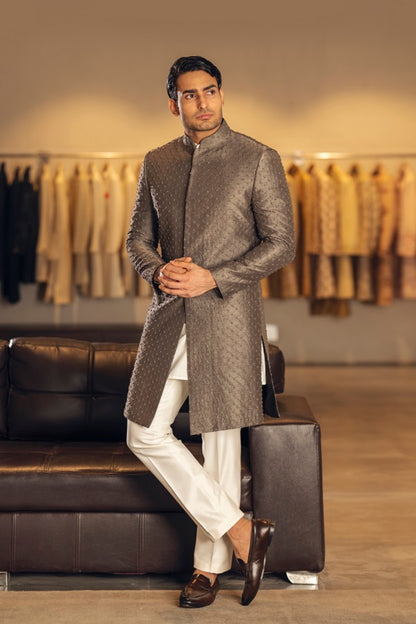 DARK GREY THREAD EMBROIDERY SILK INDOWESTERN SET
