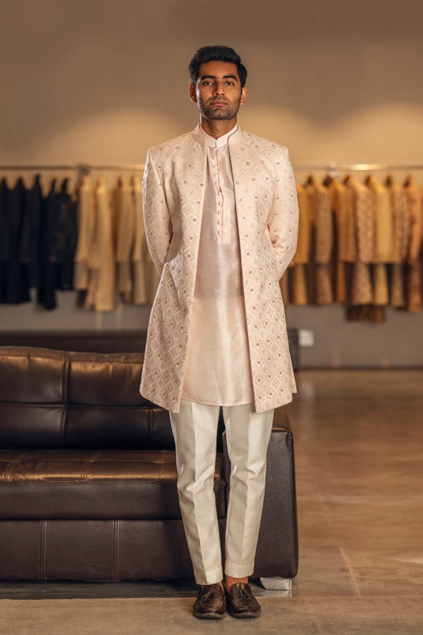 LIGHT PINK JAQUARD WITH GLASS CUT EMBROIDERY INDOWESTERN SET