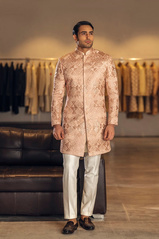 PEACH FULLY THREAD WITH SEQUNCE EMBROIDERY INDOWESTERN SET