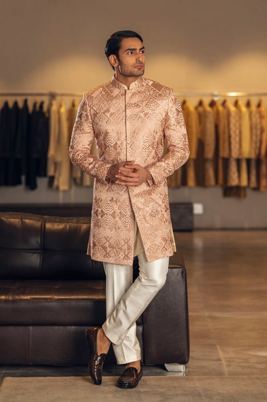 PEACH FULLY THREAD WITH SEQUNCE EMBROIDERY INDOWESTERN SET