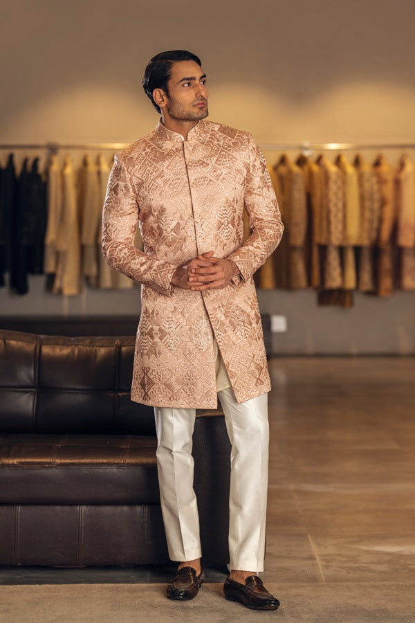 PEACH FULLY THREAD WITH SEQUNCE EMBROIDERY INDOWESTERN SET