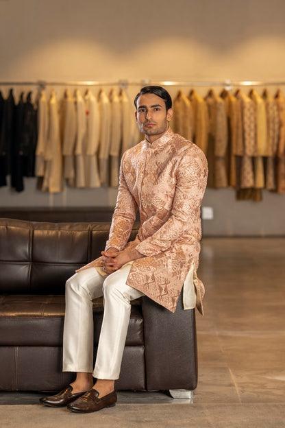 PEACH FULLY THREAD WITH SEQUNCE EMBROIDERY INDOWESTERN SET