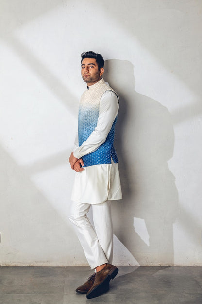 Blue ombre machine + hand embroidered nehru jacket