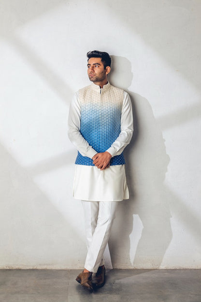 Blue ombre machine + hand embroidered nehru jacket