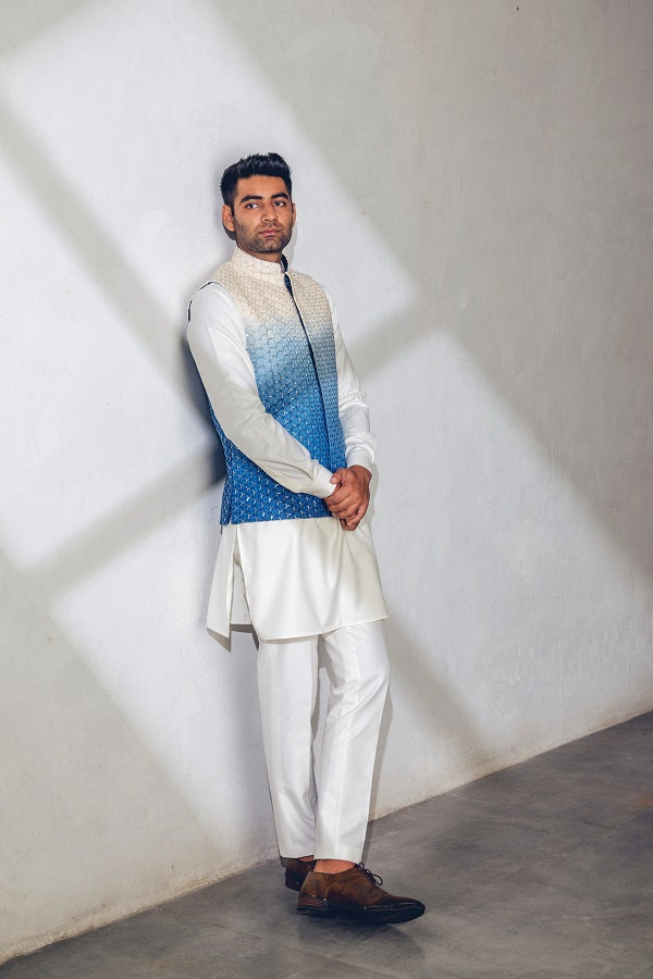 Blue ombre machine + hand embroidered nehru jacket