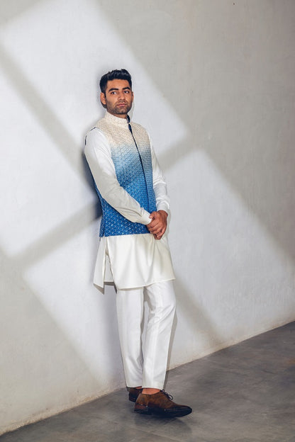 Blue ombre machine + hand embroidered nehru jacket