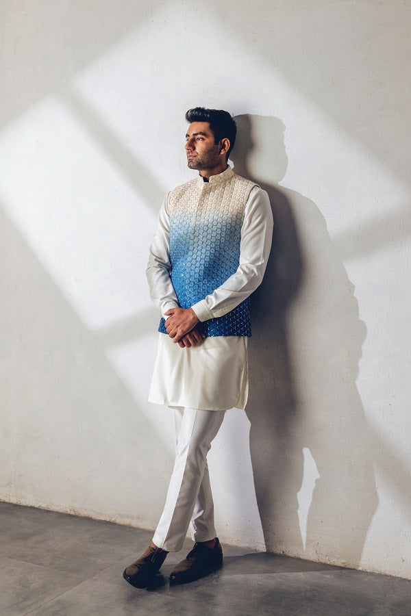 Blue ombre machine + hand embroidered nehru jacket