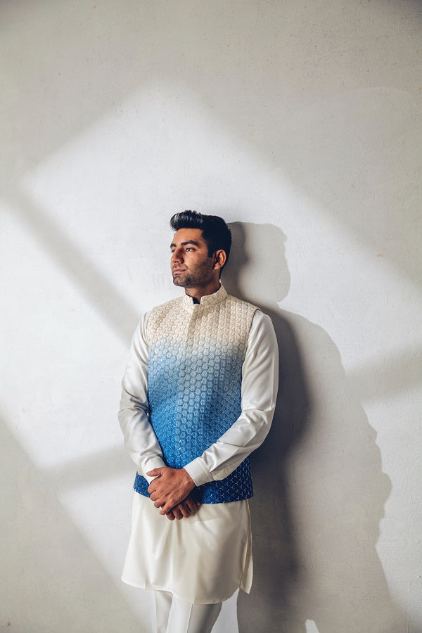 Blue ombre machine + hand embroidered nehru jacket