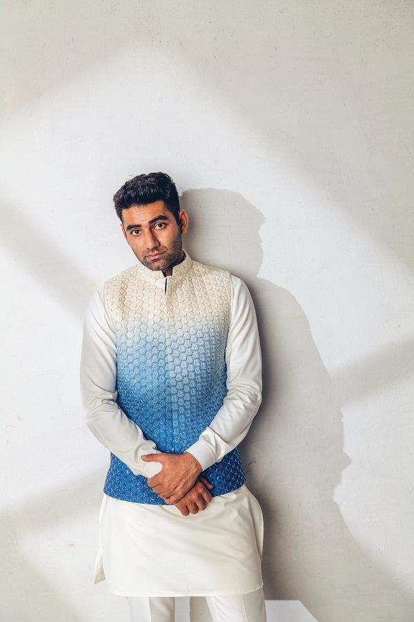 Blue ombre machine + hand embroidered nehru jacket