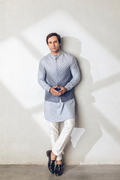 Silver Grey Ombre Machine+hand embroidered Nehru jacket
