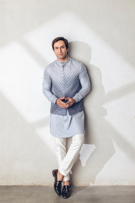 Silver Grey Ombre Machine+hand embroidered Nehru jacket