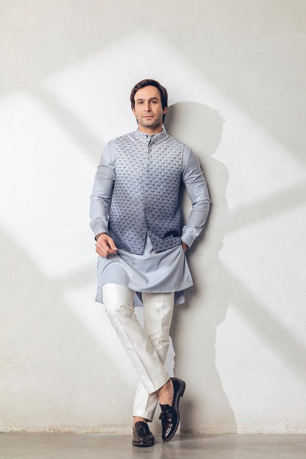 Silver Grey Ombre Machine+hand embroidered Nehru jacket
