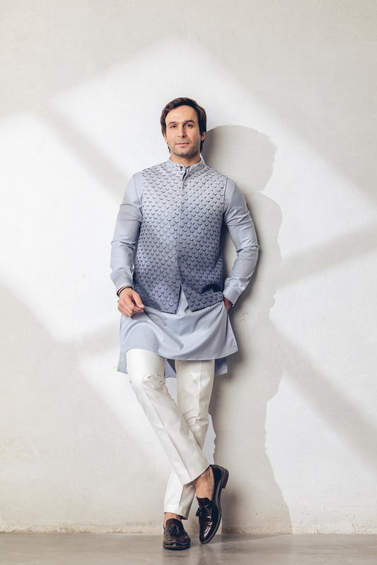 Silver Grey Ombre Machine+hand embroidered Nehru jacket