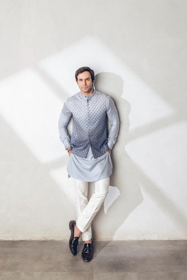 Silver Grey Ombre Machine+hand embroidered Nehru jacket