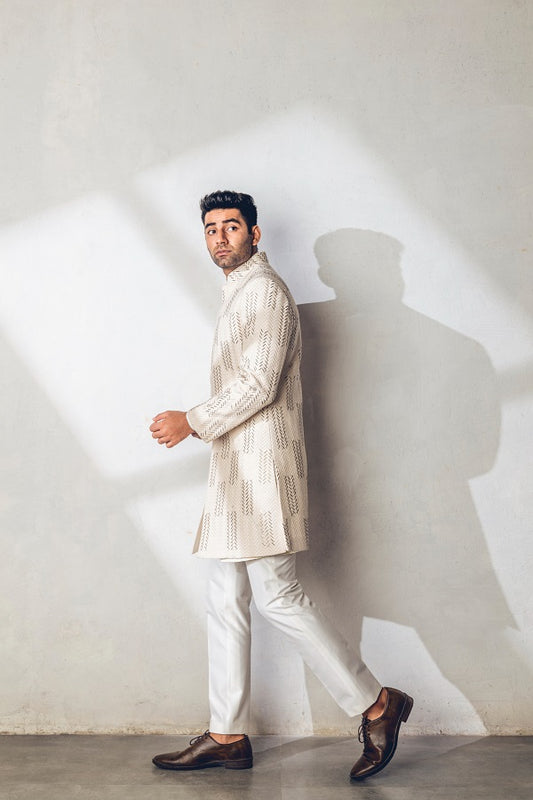 IVORY THREAD WITH GLASS CUT WORK EMBROIDERY INDO WESTERN