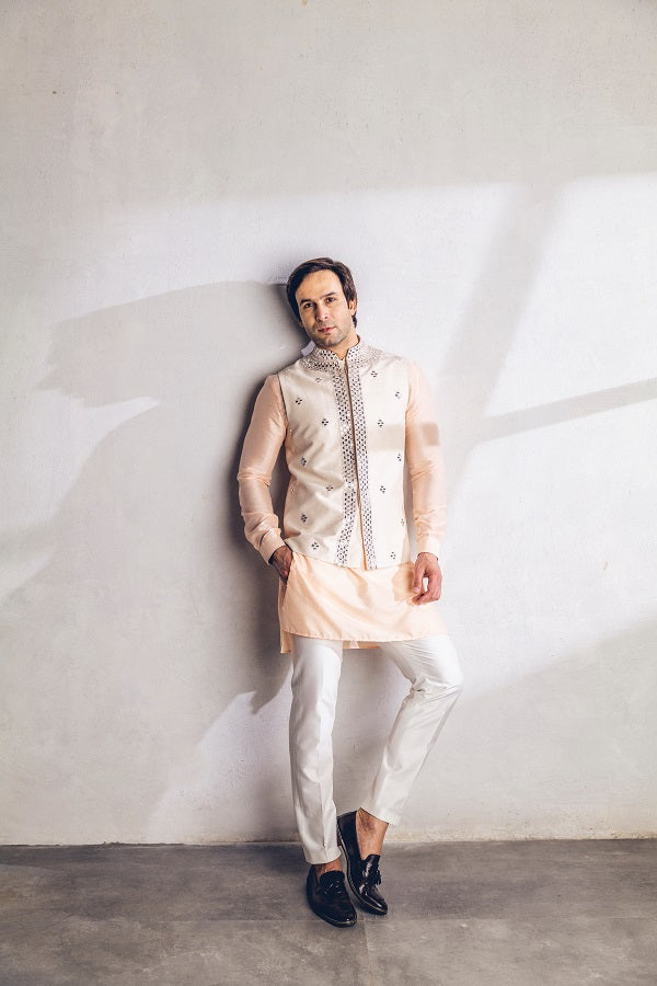 Pinkish Peach mirror work Nehru jacket