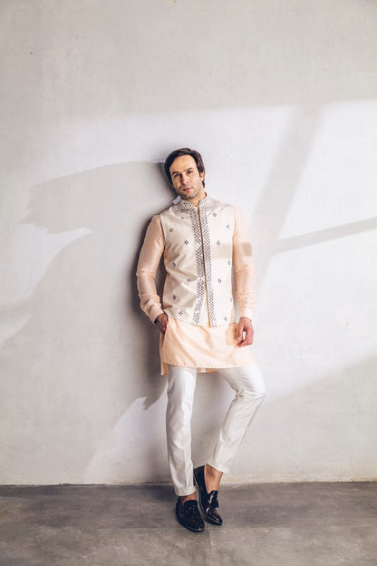 Pinkish Peach mirror work Nehru jacket