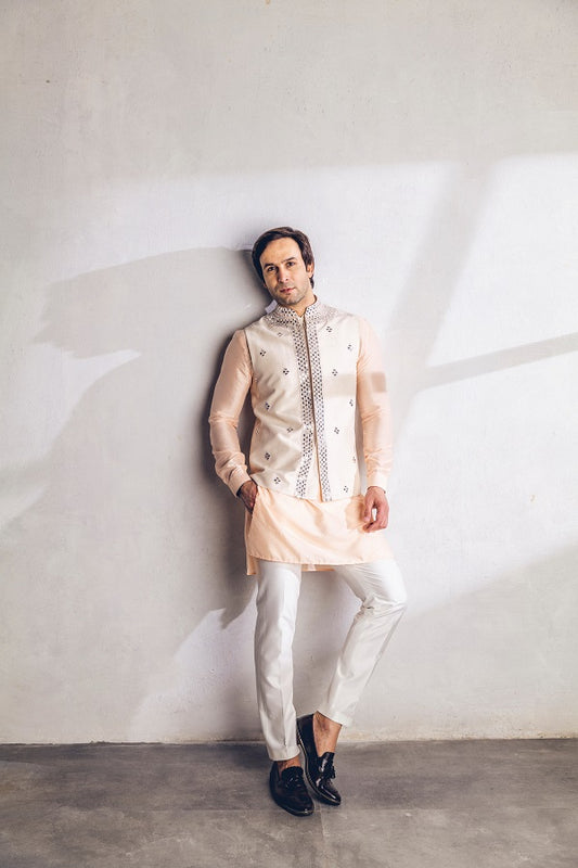 Pinkish Peach mirror work Nehru jacket