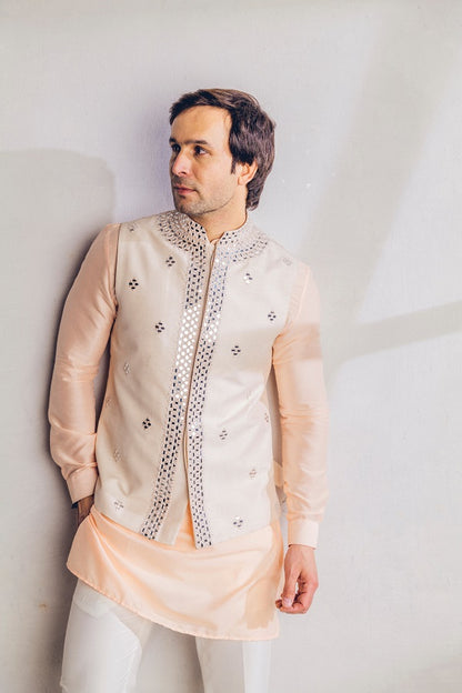Pinkish Peach mirror work Nehru jacket