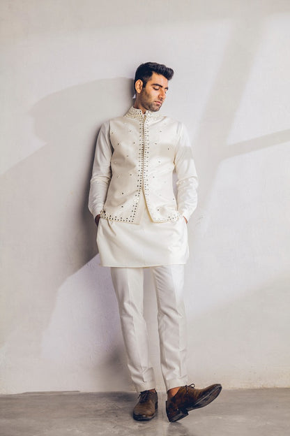 Ivory Mirror work Nehru Jacket