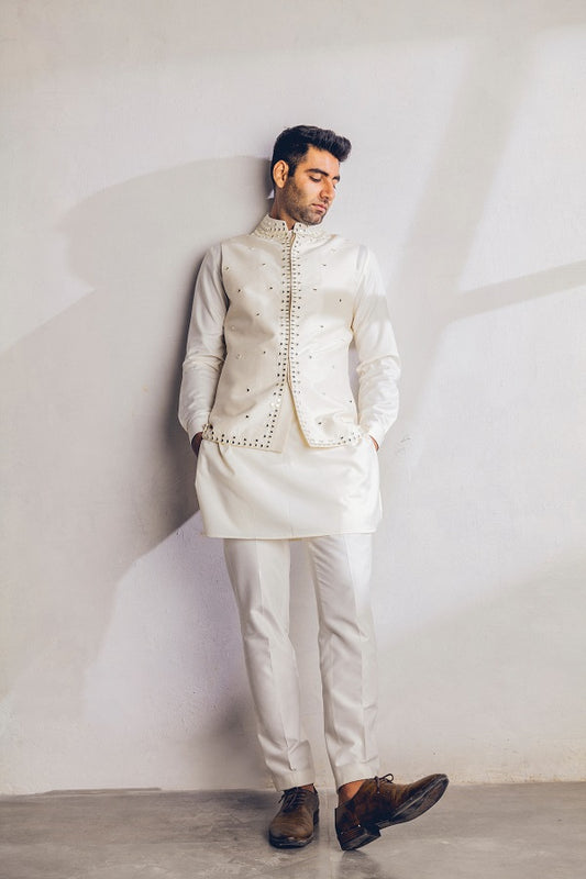 Ivory Mirror work Nehru Jacket