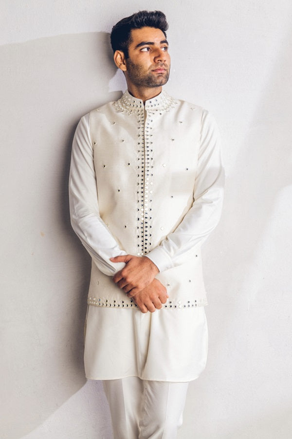 Ivory Mirror work Nehru Jacket