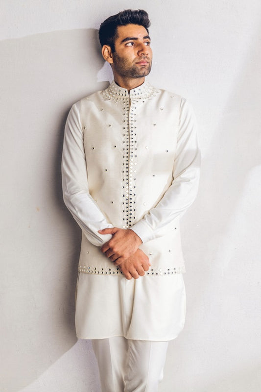 Ivory Mirror work Nehru Jacket