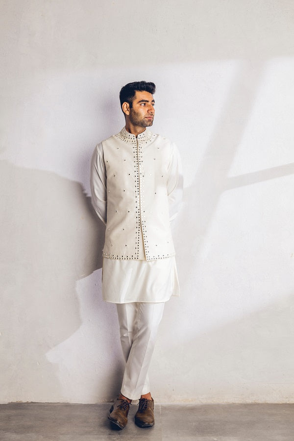 Ivory Mirror work Nehru Jacket