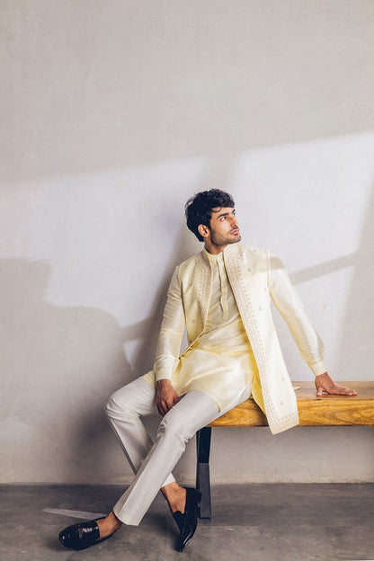 Lime yellow Dori work long Nehru jacket