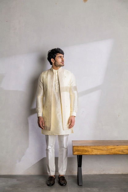 Lime yellow Dori work long Nehru jacket