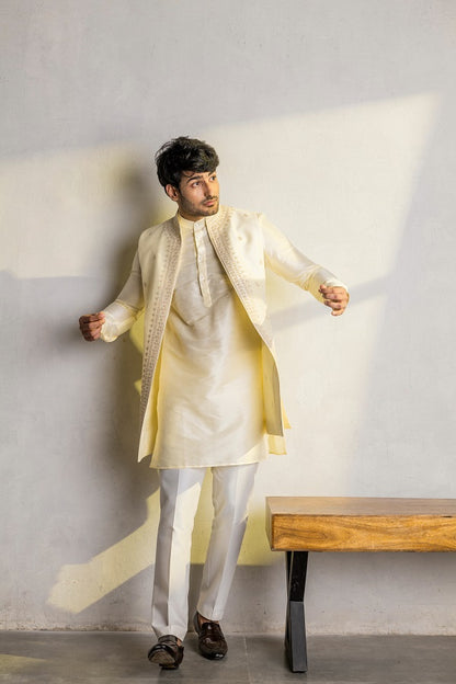 Lime yellow dori work long nehru jacket