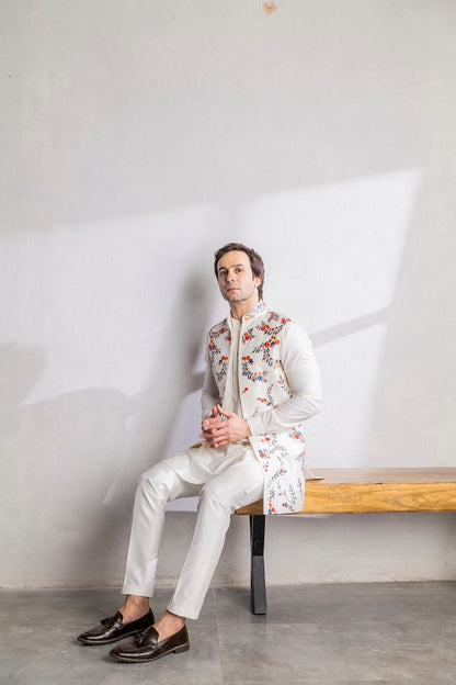 White Multi Coloured Embroidery long Nehru jacket