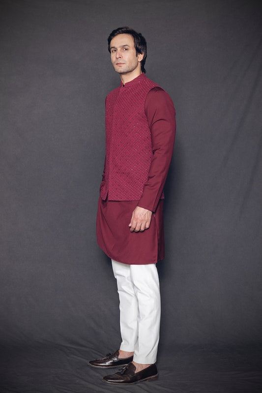 Maroon hand embroidered nehru jacket