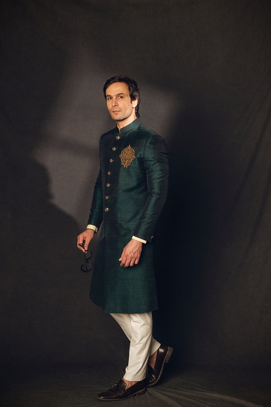 Green raw silk achkan with dabka motif